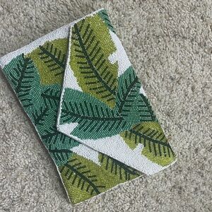 Green and White palm Leaf Patterned Clutch